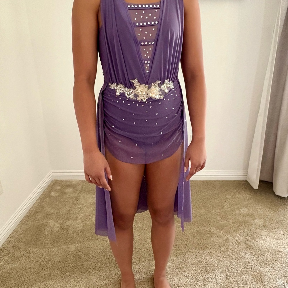 Weissman Purple One Piece with Sheer Mesh and Rhinestone Embellishments